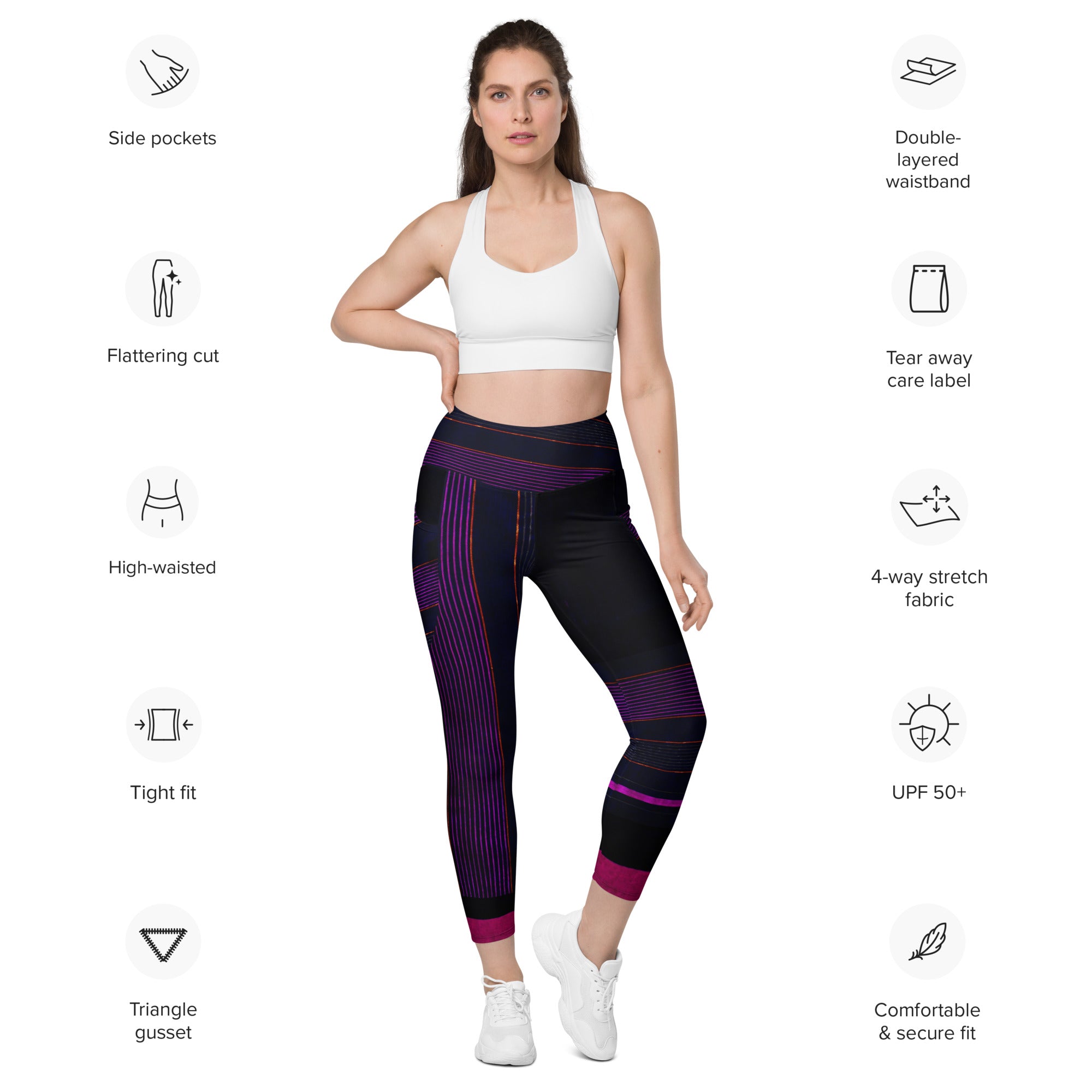 Black Gym Leggings with Pockets. Purple Pin Stripes Dance Leggings. Crossover Waist Yoga Pants. "Peppermint" by WickedYo.